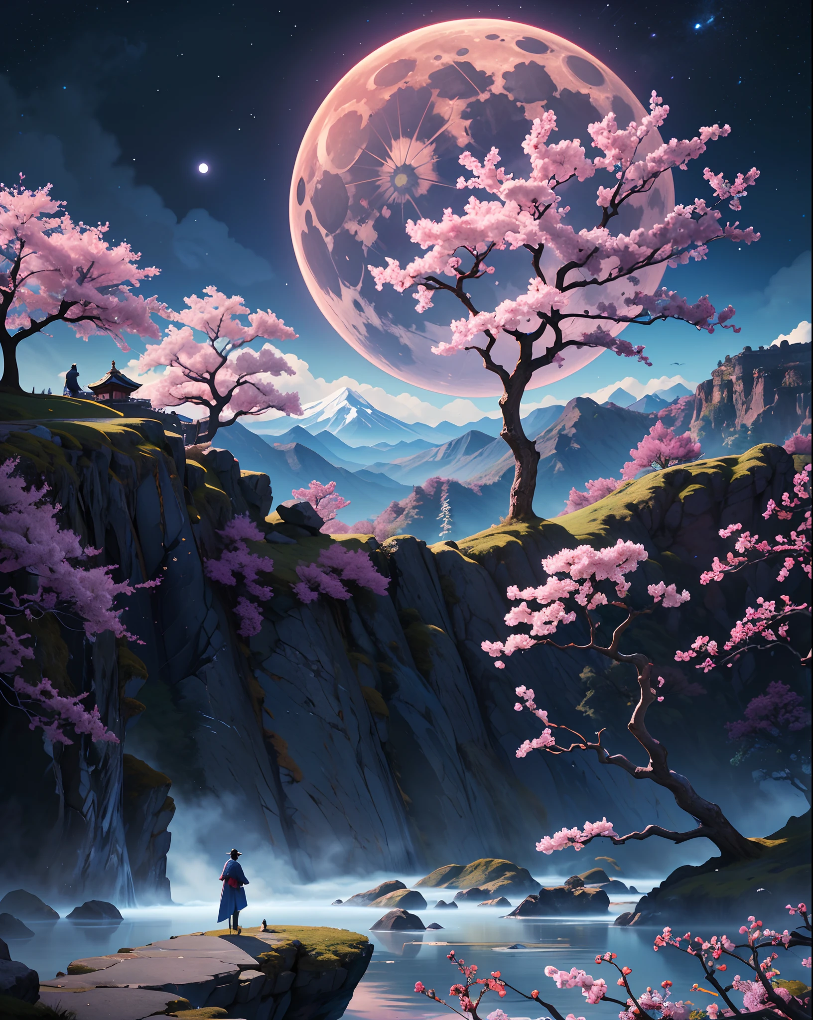 The image is a digital painting set against a mystical landscape. The scene is dominated by a massive, pale moon or celestial body that fills the sky, radiating soft light. This moon appears to be close to the viewer, as its surface shows subtle spots or marks.

In the foreground, a figure stands with their back to the viewer, observing the breathtaking vista. This person is dressed in traditional attire, possibly reminiscent of ancient East Asian garments. They wear a blue kimono or robe, adorned with intricate floral patterns. A red sash or obi wraps around their waist. The figure's hair is done up in a bun, held together by an accessory.

Below the person is a rocky outcrop, positioned like a viewing point amidst the rugged terrain. Surrounding the area are twisted, gnarly trees that appear to be cherry blossoms. Their pink-red blossoms are scattered by a breeze, creating a shower of petals that dance around the scene. This ethereal atmosphere is further enhanced by the presence of birds – possibly crows or ravens – that soar around the sky, their dark silhouettes contrasting sharply against the bright backdrop of the moon.

The overall color palette is dominated by cool blues and grays, with touches of pink-red from the cherry blossoms, giving the artwork a serene, dreamlike quality. 

The image invokes feelings of introspection, serenity, and the timeless beauty of nature.