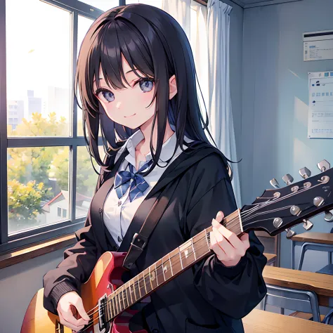 girl with、1 persons、Dark hair、Black eyes、length hair、A smile、Pupils、校服、Cardigan、‎Classroom、guitar