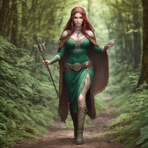 photorealisic image of the celtic goddess morrigan walking through the welsh forest red hair green eyes --auto --s2