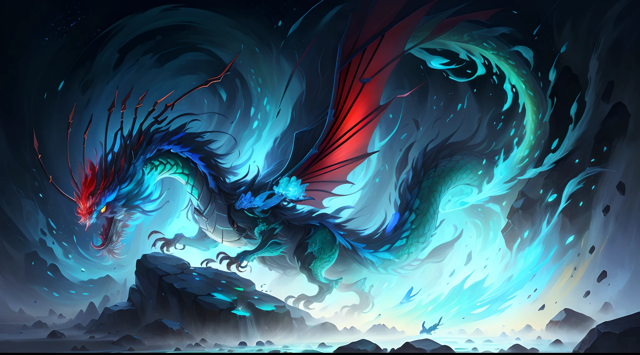 Photorealsitic，true to life，Close-up of the long-horned blue dragon, Red and green combination，Onmyoji detailed art, cyan chinese dragon fantasy, Detailed digital 2D fantasy art, asura from chinese myth, onmyoji portrait, chinese dragon concept art, chengwei pan on artstation, 4k highly detailed digital art, 4K detailed digital art, drak