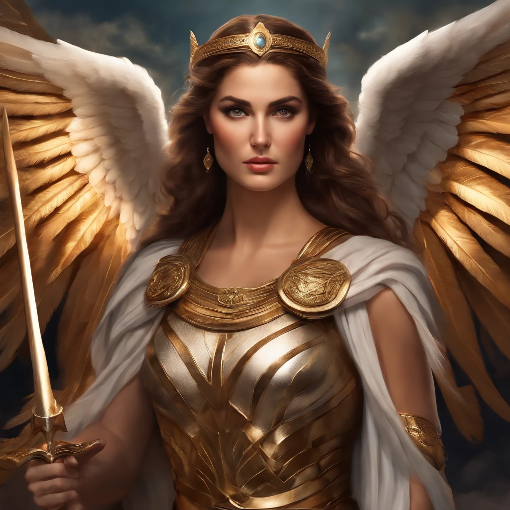 Greek Goddess Athena, brown hair, fierce gray eyes, angel white wings, she is wearing a greek light armor, she is holding a spear with her right hand, religious painting