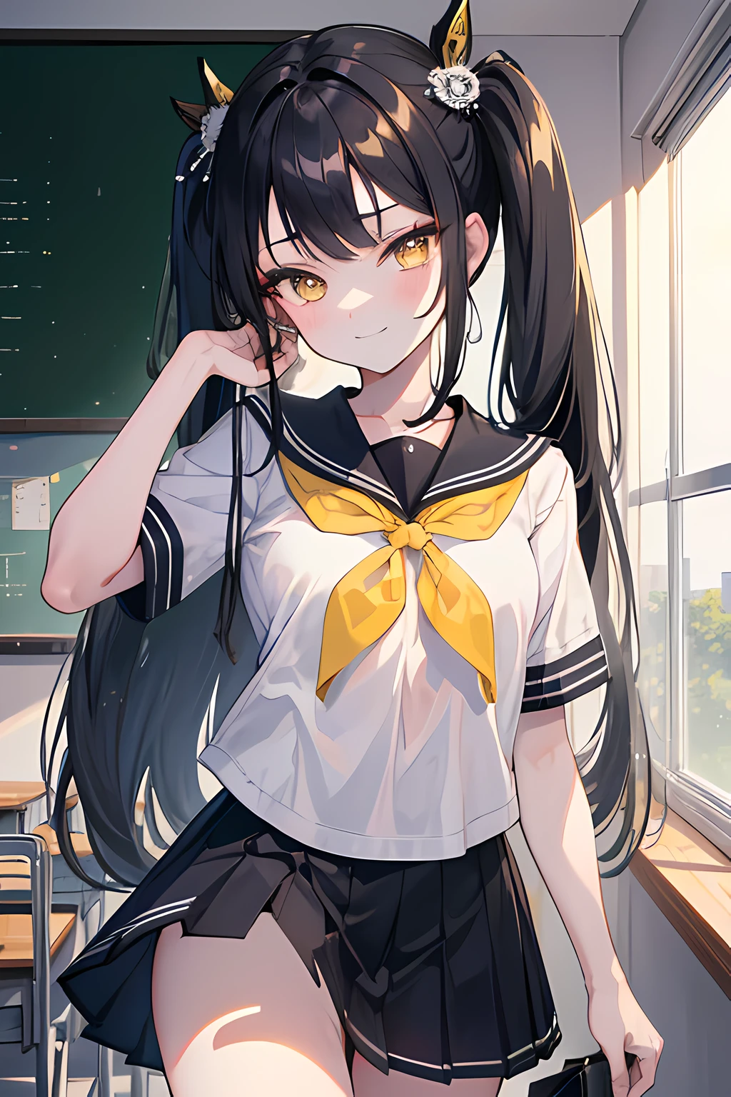 (masterpiece:1.2, absurdres, highest quality, intricate details), (1girl), black hair, yellow eyes, twin tails, long hair, school uniform, smirk, [[showing teeth]], sailor uniform, classroom in the background, perfect body, beautiful face, beautiful eyes, cowboy shot