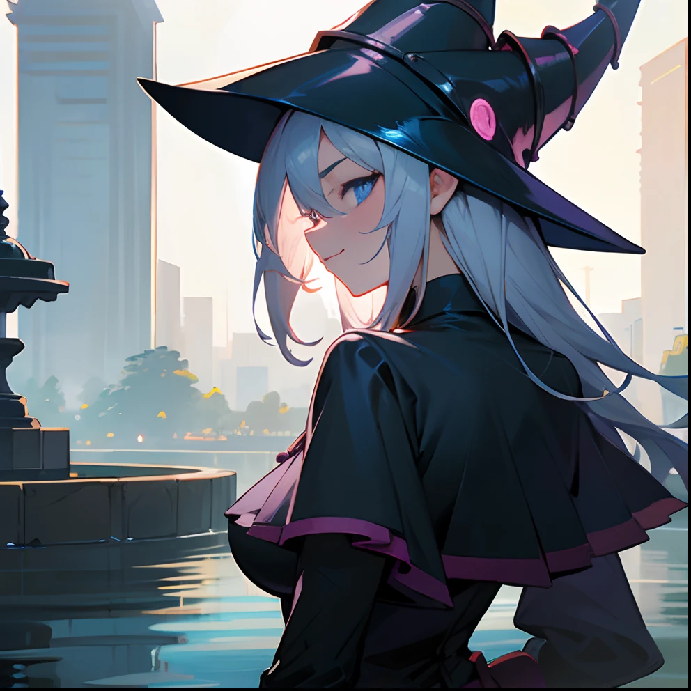 Anime girl in a witch hat standing in front of a fountain - SeaArt AI