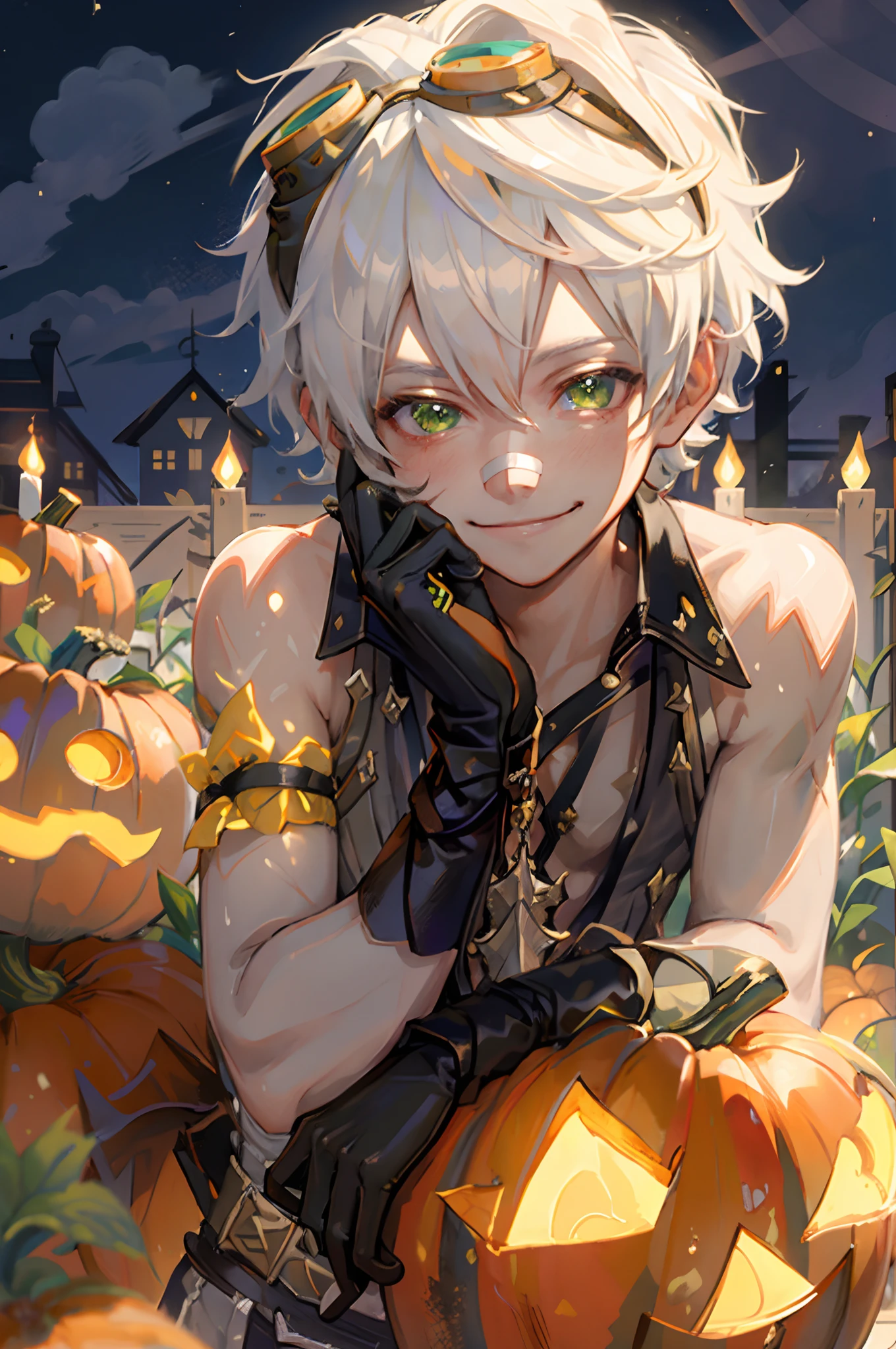 masterpiece, best quality,1boy, male focus, green eyes,black gloves, bandaid, goggles, bandaid on face, smile, solo, goggles on head, bandaid on nose, smile, sleeveless, white hair,  halloween, pumpkin patch, at night