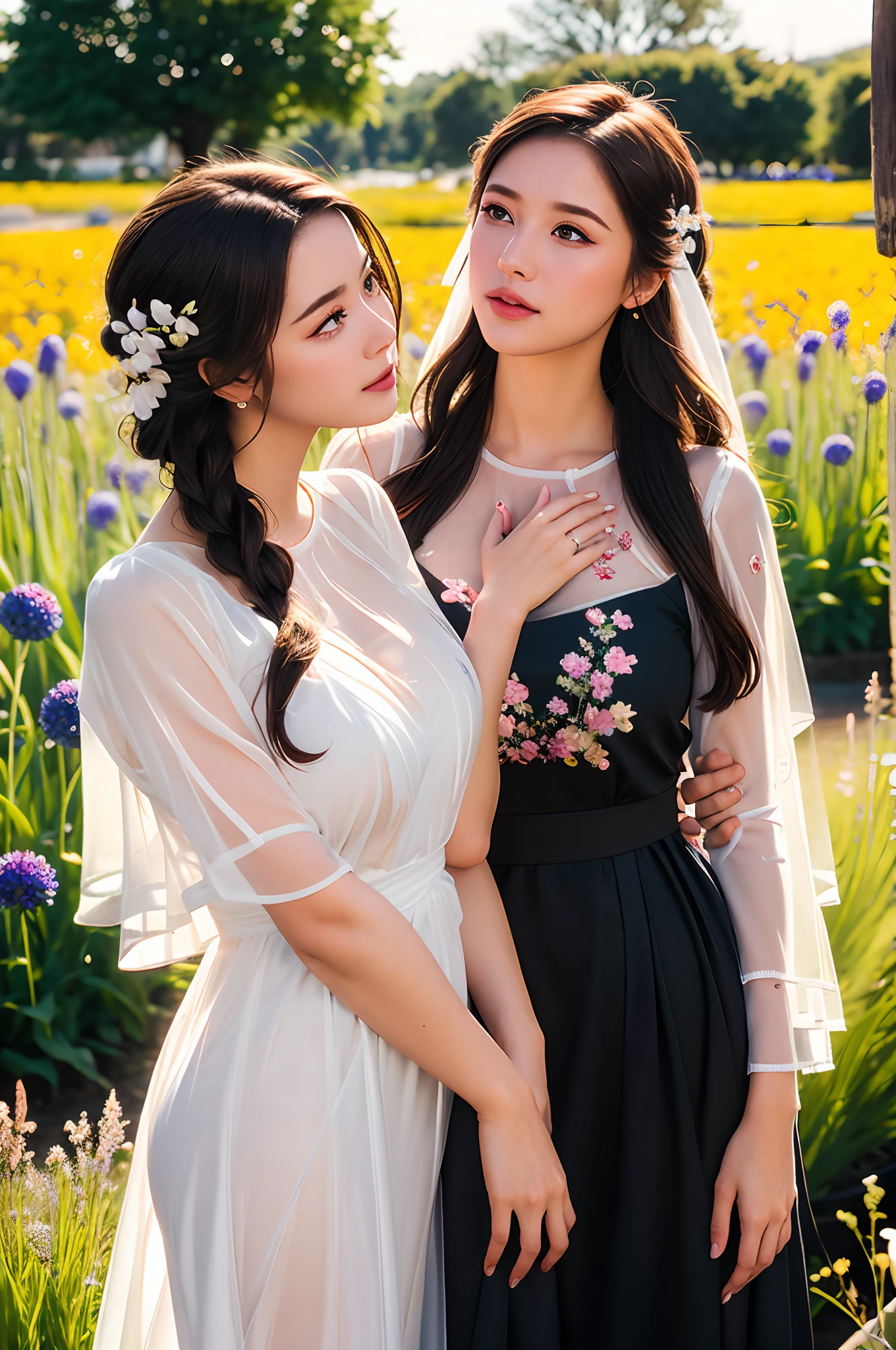 ((close-up of portrait of two young_women in see-through dress)),Embroidery pattern:1.5,belorussin,long blonde wave hair, standing on flowers field, big cornflowers in foreground (bokeh:1.2)), masterpiece, award winning photography, lighting, perfect composition, high detail, hyper realistic,dramatic lighting, epic,(dynamic pose:1.2),(dynamic camera),photo RAW,