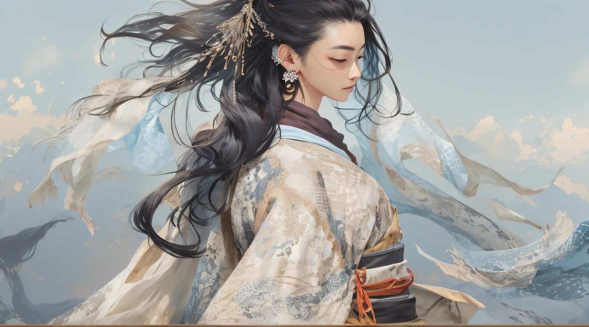 Side CG,In particular，Side 32k，exteriors，Roof，People are small（tmasterpiece，k hd，hyper HD，32k）Long flowing glossy black hair，Tang dynasty complex，zydink， a color，ruins（canyons）， （Linen batik scarf）， Combat posture， looking at the ground， Linen bandana， Chinese python pattern long-sleeved garment， ruins（Abstract gouache splash：1.2）， Dark clouds lightning background，Sprinkin（realisticlying：1.4），Black color hair，The dust is blowing，Background fog， A high resolution， the detail， RAW photogr， Sharp Re， Nikon D850 Film Stock Photo by Jefferies Lee 4 Kodak Portra 400 Camera F1.6 shots, Rich colors, ultra-realistic vivid textures, Dramatic lighting, Unreal Engine Art Station Trend, cinestir 800，Flowing glossy black hair,（（（National style building）））Full-body side