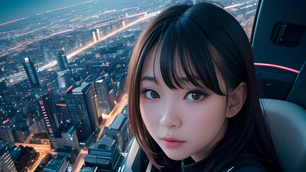 Femme regardant la vue nocturne de Tokyo depuis l'hélicoptère、visage mignon、Observez la vue nocturne avec des yeux brillants、Paysages de très haute qualité、Néons de Tokyo vus du ciel、Éclairage cinématographique、Une qualité d&#39;image ultra élevée、Spectaculaire、Vue de nuit romantique、Tir d&#39;en haut