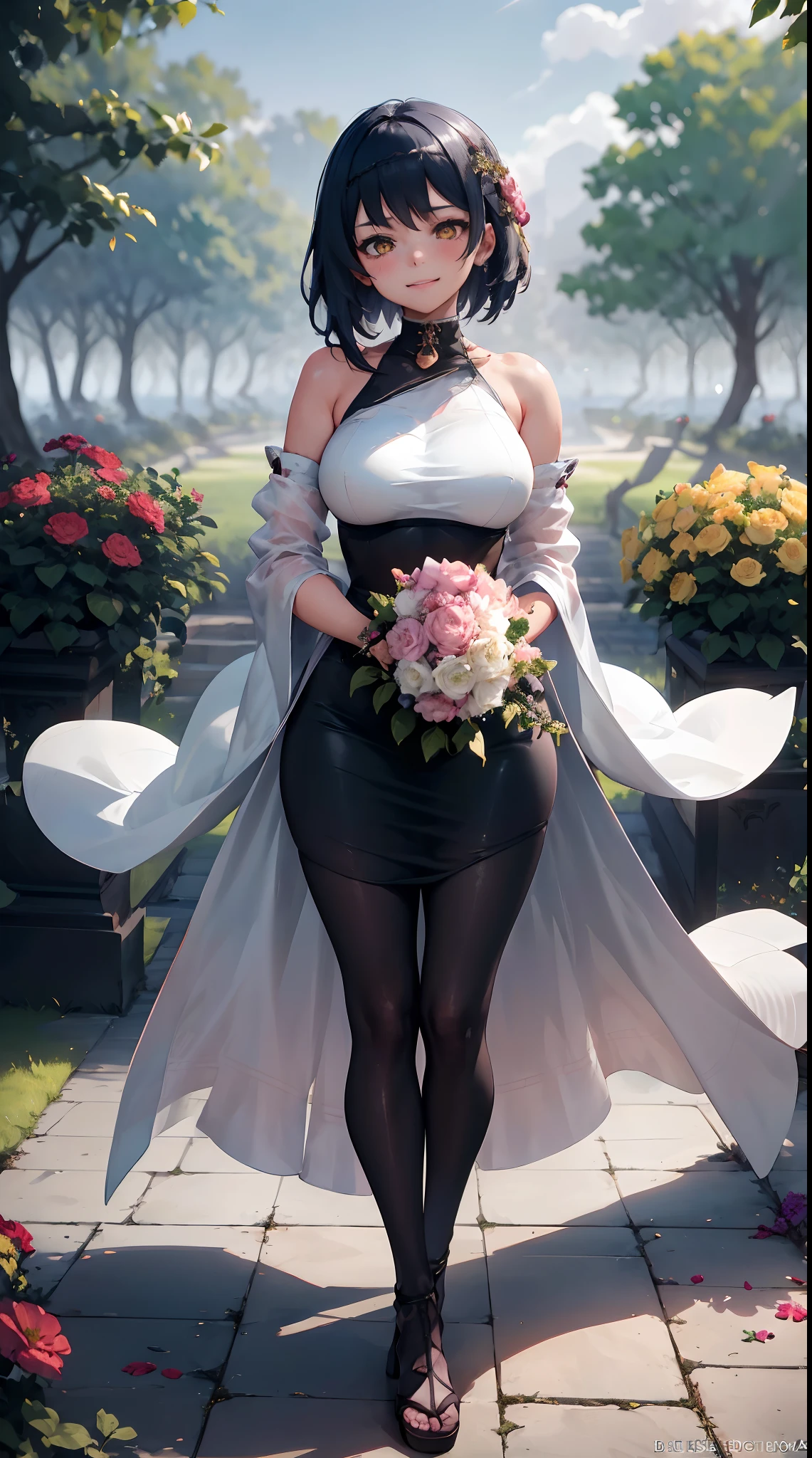 Kujou Sara | genshin impact, master-piece, bestquality, 1girls,25 years old, proportional body, proportional., Wedding Dresses, White Wedding Dress, Long skirt, wedding, ,bara, Standing in the middle of a flower garden, outdoor, wedding, The sky is beautiful, In a paradise of love and happiness.........................................., The bride wears a Japanese dress and a seductive smile.........................................., The passage of time stops at theirs.........................................., On this wedding day of love and happiness.........................................., Bright and beautiful flowers, Holding it in her hands symbolizes the envelopment of love.........................................., Love and friendship through the transmission of flowers, In a paradise of love and happiness.........................................., A bride in a yukata wearing a masika.........................................., It is a form of beauty and elegance.........................................., Show your spouse your heart........................................., In a paradise of love and happiness.........................................., Kochikugisa is the tree of new beginnings.........................................., And their love and affection......................................., And suck a lot of love.........................................., Flowers represent love and peace.........................................., In a paradise of love and happiness.........................................., View viewers from the front., Thigh strap, Head tilt, bored, 10, 10, HD, slight smile,