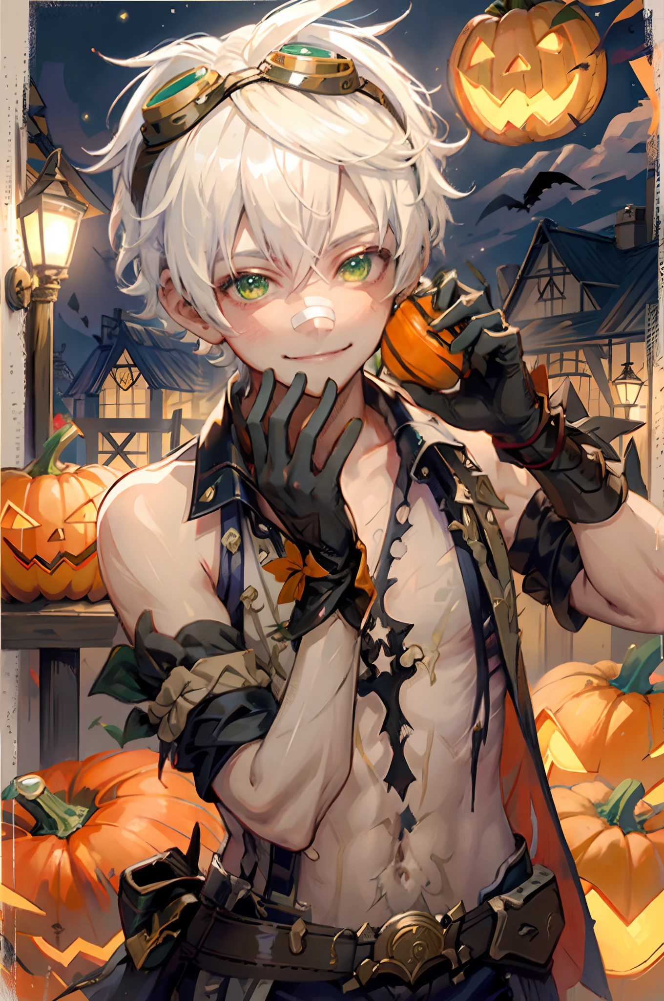 masterpiece, best quality,1boy, male focus, green eyes,black gloves, bandaid, goggles, bandaid on face, smile, solo, goggles on head, bandaid on nose, smile, sleeveless, white hair,  halloween, pumpkin patch, at night