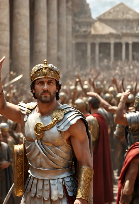 epic scene of a Roman emperor, triumphant procession, crowd standing by both sides, waving to the crowd, giving instructions to his subjects, Ancient Roman temple scene in the background, intricate details, ultra HD, powerful, photorealistic, extreme detai...