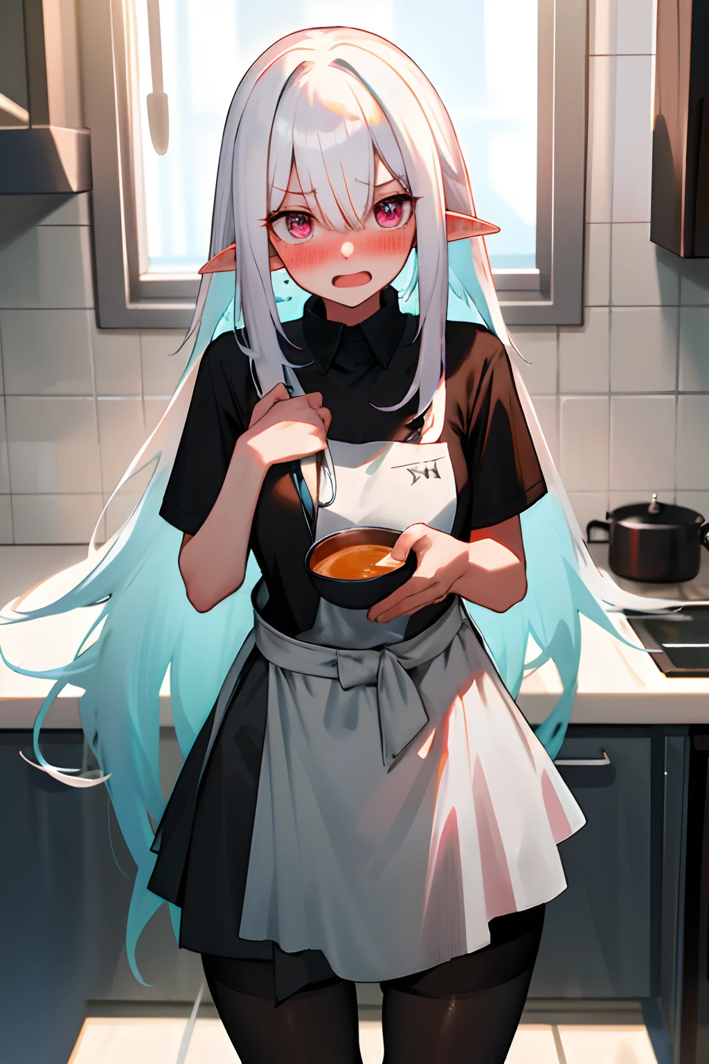 Anime girl with long hair and a black shirt holding a bowl - SeaArt AI