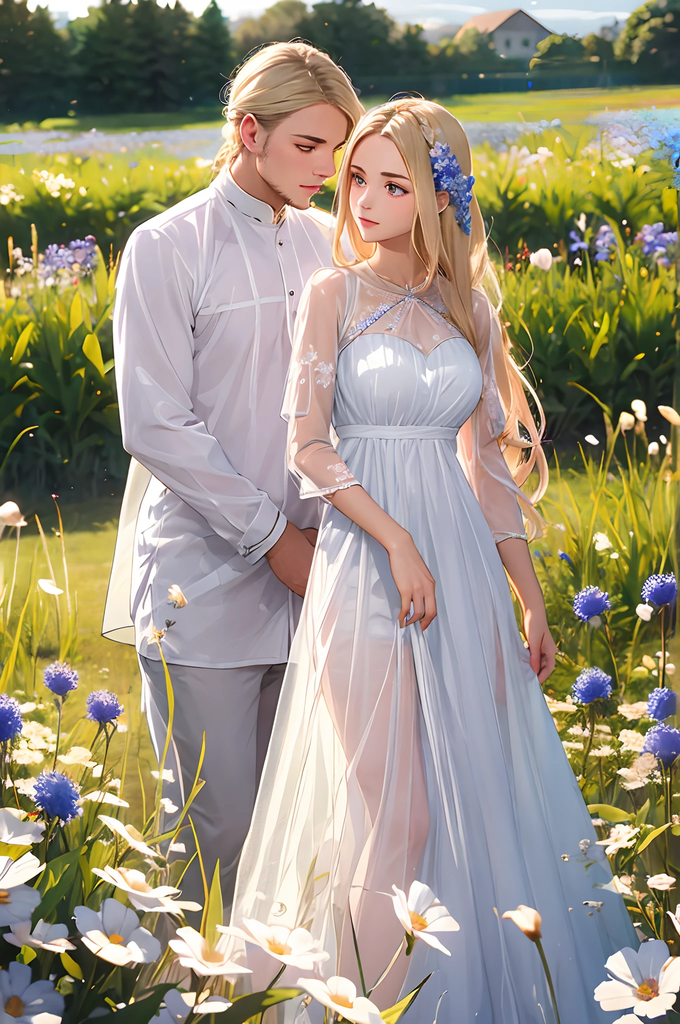 ((portrait of two young men_Woman in transparent dress)),Embroidery pattern:1.5,Belorusin,long wavy blond hair, standing on a flower field, Large cornflower in the foreground (Bokeh:1.2)), Masterpiece, award winning photography, lighting, Perfectcomposition, High detail, Ultra photo realsisim,Dramatic lighting, Epic,(Dynamic pose:1.2),(Dynamic camera),photo RAW,