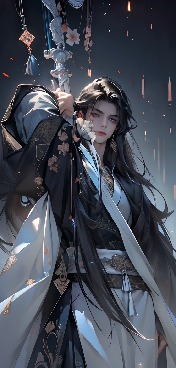 (extreamly delicate and beautiful:1.2), 8K, (tmasterpiece, best:1.0), , (LONG_darkr_HAIR_MALE:1.5), Upper body body, a long_haired male, cool and seductive, evil_gaze, wears opened hanfu, half-nudity_chest and intricate detailing, and intricate detailing, finely ((Perfect symmertical eyes:1.5)) and detailed face, Perfect eyes, Equal eyes, Fantastic lights and shadows、white room background、 Uses backlight and rim light