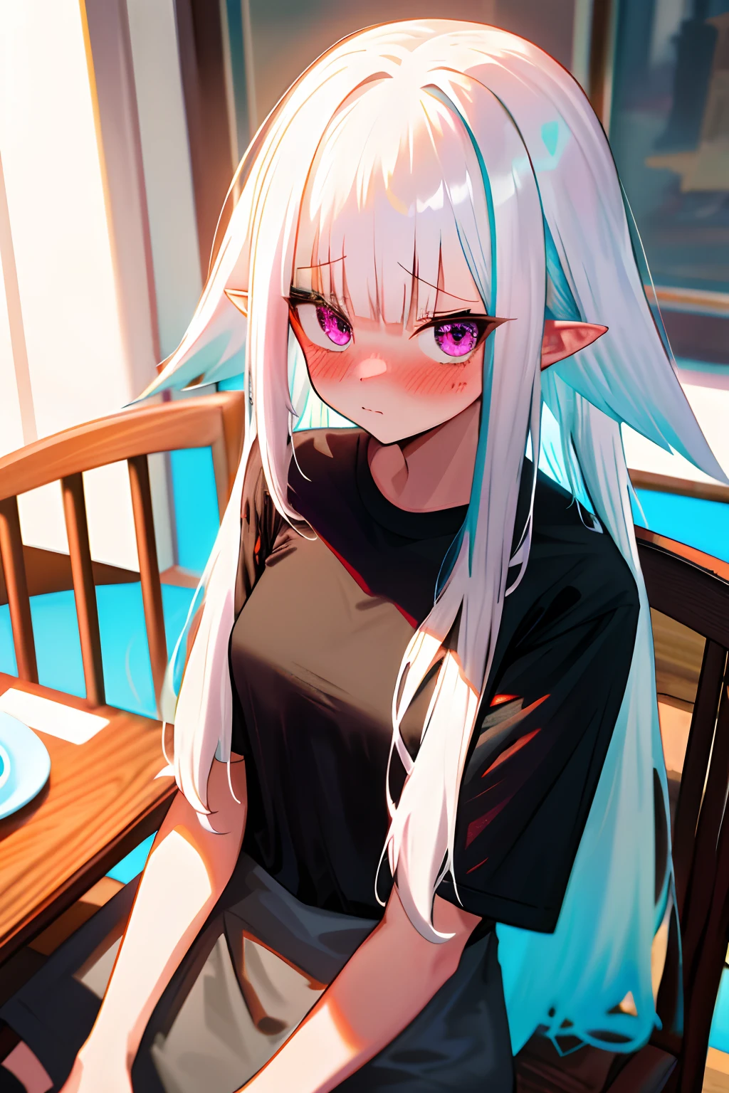 Anime girl with long white hair sitting at a table with a plate of food -  SeaArt AI