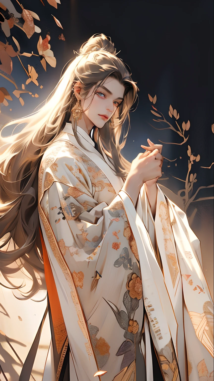 (extreamly delicate and beautiful:1.2), 8K, (tmasterpiece, best:1.0), , (LONG_darkr_HAIR_MALE:1.5), Upper body body, a long_haired male, cool and seductive, evil_gaze, wears opened hanfu, half-nudity_chest and intricate detailing, and intricate detailing, finely ((Perfect symmertical eyes:1.5)) and detailed face, Perfect eyes, Equal eyes, Fantastic lights and shadows、white room background、 Uses backlight and rim light