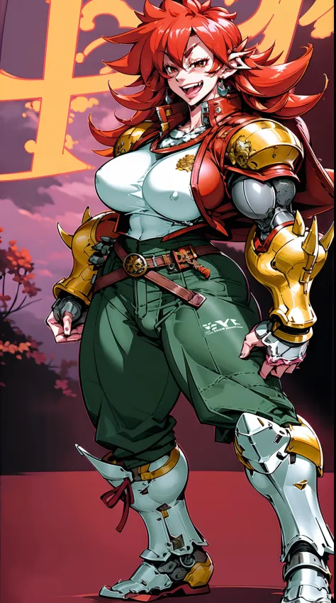 tomboy, warrior, berserker, tall female, muscular female, living hair, sauvage,, medieval clothing, fantasy, fantasy weapon, huge breasts, barbarian pants, , combat boots, armor, red hair, crazy smile, open mouth, biceps, necktie, thick arms,pullover, solo...