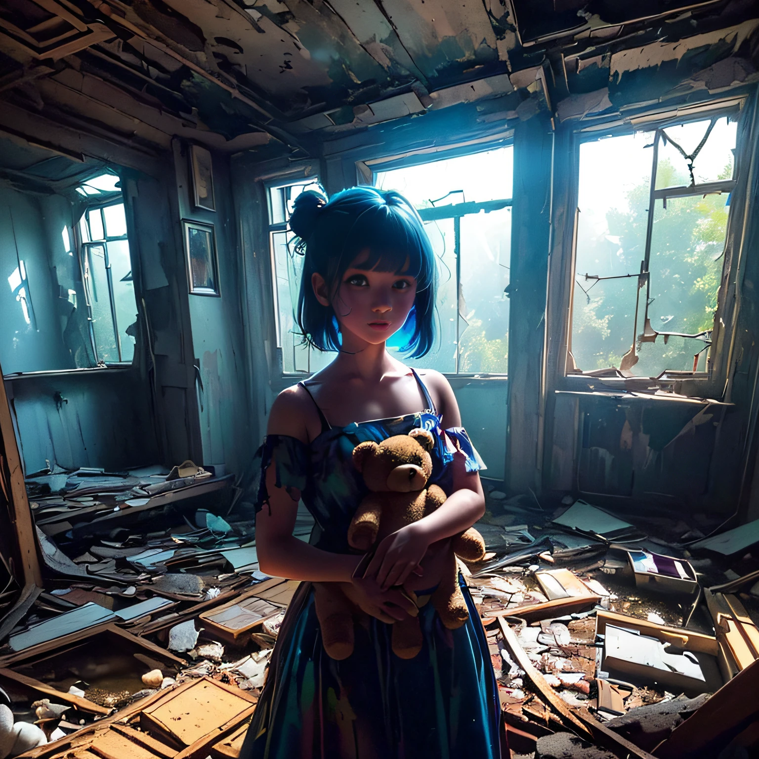 (((High quality))), (((Ultra-detailed))), ((half body Shot)), a  with teddy bear, ((blue Glowing eyes)), ((looking distantly)), ((Light is illuminating the head)),, Inside an abandoned house, ((Sunlight shines through a broken window in the background)), (((psychedelic lights flit around the ruined abandoned room))),