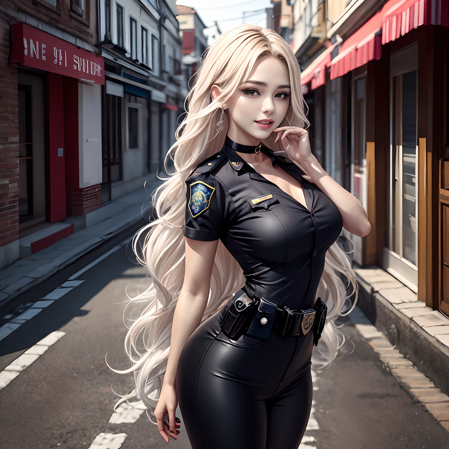 （8K，tmasterpiece：1.2），（Hyper-detailing），（ssmile：1.1），（（wavy white long hair）：1.3，beatiful detailed eyes，Light makeup，choker necklace，ear jewelry，Pink and moist lips，full body shot of），Two slender women，red color eyes，Lively streets，Absurd long white hair，（Police uniform），（Black combat uniform），Female police，Cocked buttocks，（（Stretch meat，Fair and moisturized skin）），Be dignified and religious，），（The atmosphere is ambiguouisty backgrouniry world：1.2），（long  white hair）