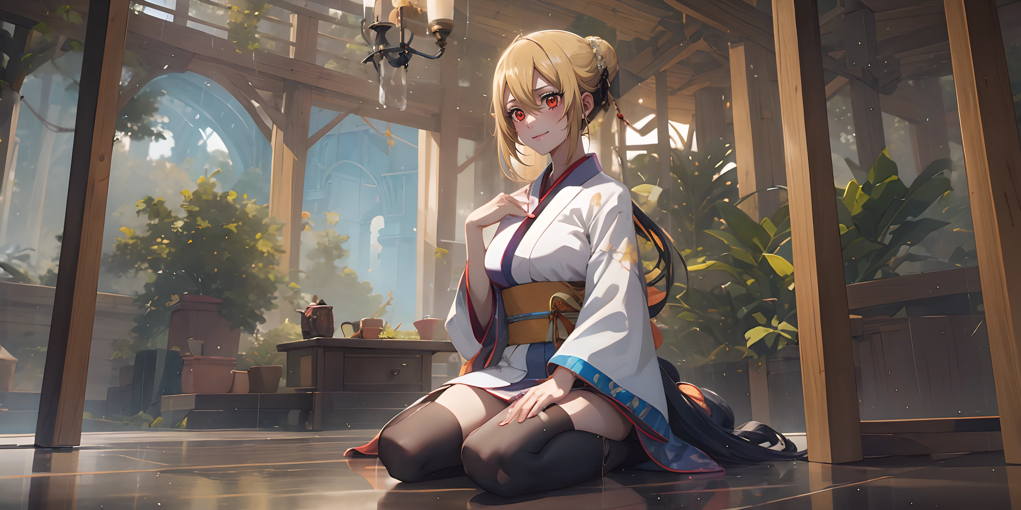 AngelicaV4, (blonde hair:1.6), red eyes, 1girl, japanese_clothes, kimono, black_legwear, solo, breasts, thighhighs, wide_sleeves, sitting, sash, obi, bangs, tree, looking_at_viewer, large_breasts, purple_kimono, sunlight, indoors, window, long_sleeves, glow effects, godrays, Hand drawn, render, 8k, octane render, cinema 4d, blender, dark, atmospheric 4k ultra detailed, cinematic, Sharp focus, big depth of field, Masterpiece, colors, 3d octane render, 4k, concept art, trending on artstation, hyperrealistic, Vivid colors, extremely detailed CG unity 8k wallpaper, trending on CGSociety, Intricate, High Detail, dramatic,