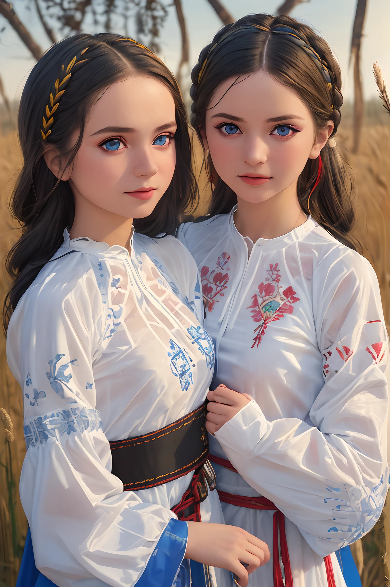 professional photo of  of two girls, Embroidery pattern,ailk lace,see-through,reveal translucent costume, russia, red blue yellow, intricate, detailed, detailed skin, detailed eyes, photo made with Canon EOS, volumetric light, wheat field, popular on artstation, popular on deviantart, popular on flicker,