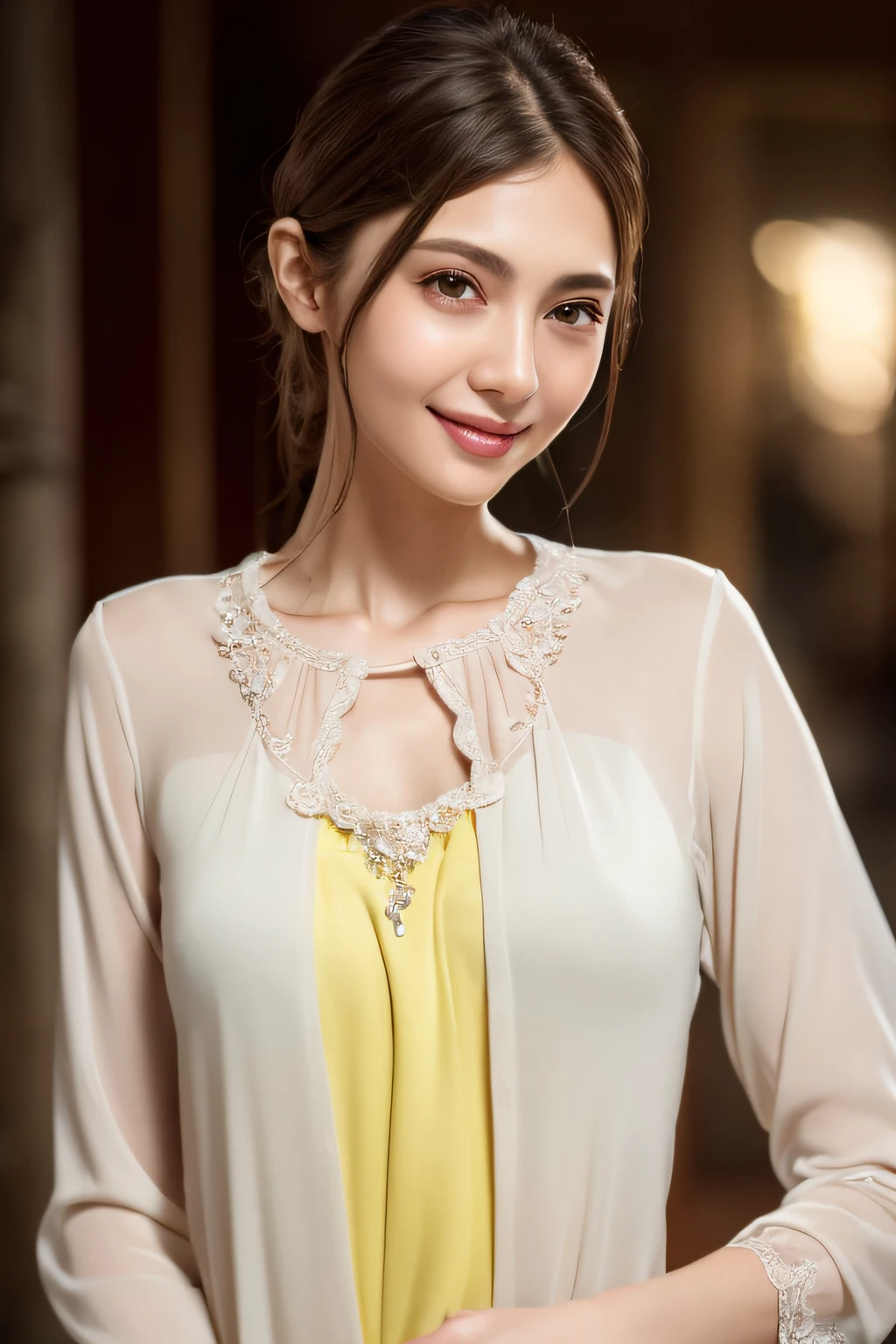 1girl in,(Wearing a pastel yellow long-sleeved blouse:1.2),(Raw photo, Best Quality), (Realistic, Photorealsitic:1.4), masutepiece, extremely delicate and beautiful, Extremely detailed, 2k wallpaper, amazing, finely detail, the Extremely Detailed CG Unity 8K Wallpapers, Ultra-detailed, hight resolution, Soft light, Beautiful detailed girl, extremely detailed eye and face, beautiful detailed nose, Beautiful detailed eyes,Cinematic lighting,(city light at night),Perfect Anatomy,Slender body,(Smiling),