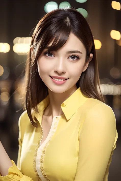 1girl in,(Wearing a pastel yellow long-sleeved blouse:1.2),(Raw photo, Best Quality), (Realistic, Photorealsitic:1.4), masutepiece, extremely delicate and beautiful, Extremely detailed, 2k wallpaper, amazing, finely detail, the Extremely Detailed CG Unity ...