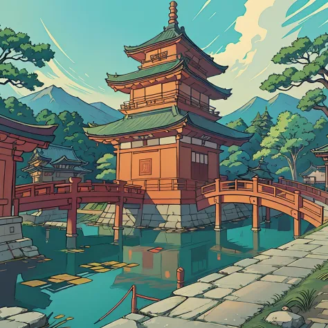 Painting of a Japan temple with a pond and a bridge in the foreground, japanese art style, Anime Background Art, digital painting of a pagoda, anime beautiful peace scene, traditional japanese concept art, Trending on ArtStation pixiv, japanese painting, a...