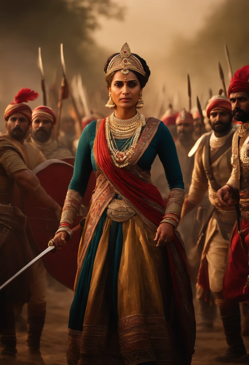 {It vividly depicts the rebellious queen Rani Lakshmibay dressed in traditional 19th-century Indian combat attire, Lead her troops into fierce battles，The moment she was hit in the abdomen by a bullet}, Realistic style, Artistic inspiration by Greg Rutkowski, camera: Medium telephoto, Shot: Wide, Rendering-related information: (hyperrealistic 3 d render:1.16), (rootkowski:1.1), (Intricate details:1.2), (Oil painting:1.3)