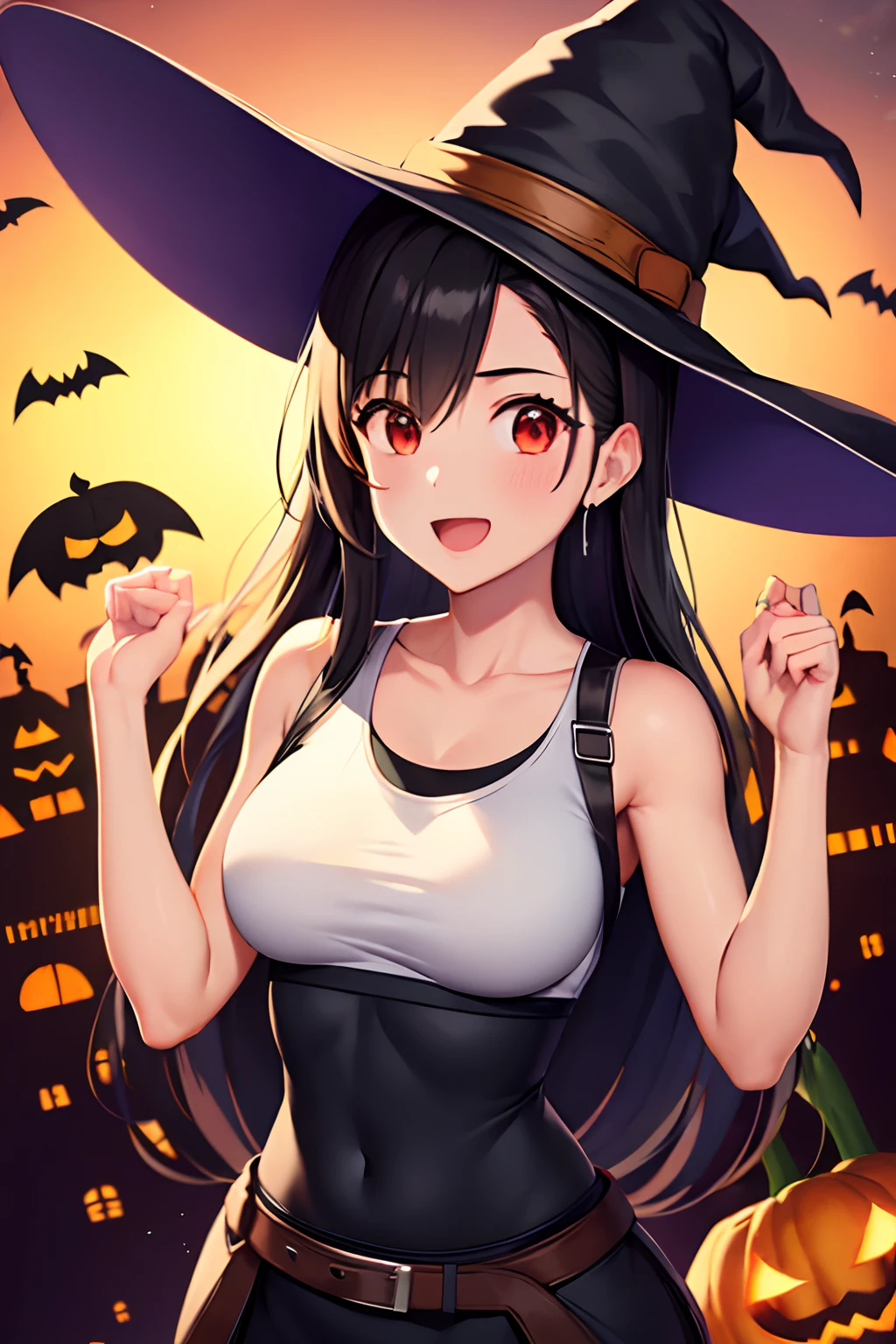 tifa ff7、1girl in、solo、looking at the viewers、Smile with open mouth、(white tank tops:1.3)、Look at viewers、(Halloween:1.2)、(witch's hat:1.3)、cowboy  shot