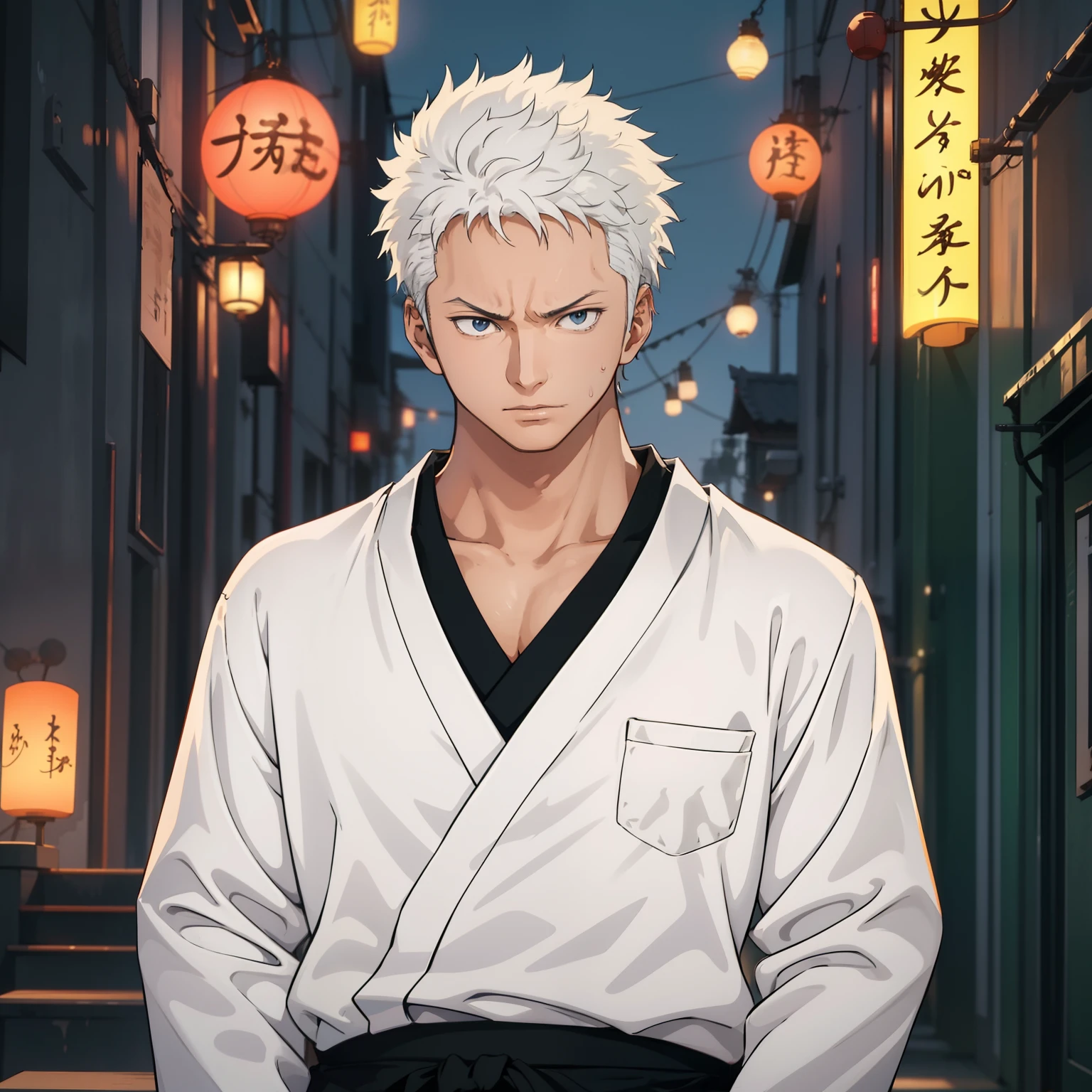 1boy, glowing, sidelighting, wallpaper,masterpiece, best quality, high quality,10yo,  male focus, full body, looking at viewer, white hair,spiky hairstyle, short hair, steam smork, japan style, anime coloring, shy, home muji style, detailed face, topless, white towel on waist,white silk, outdoor, sweat chracter sheet