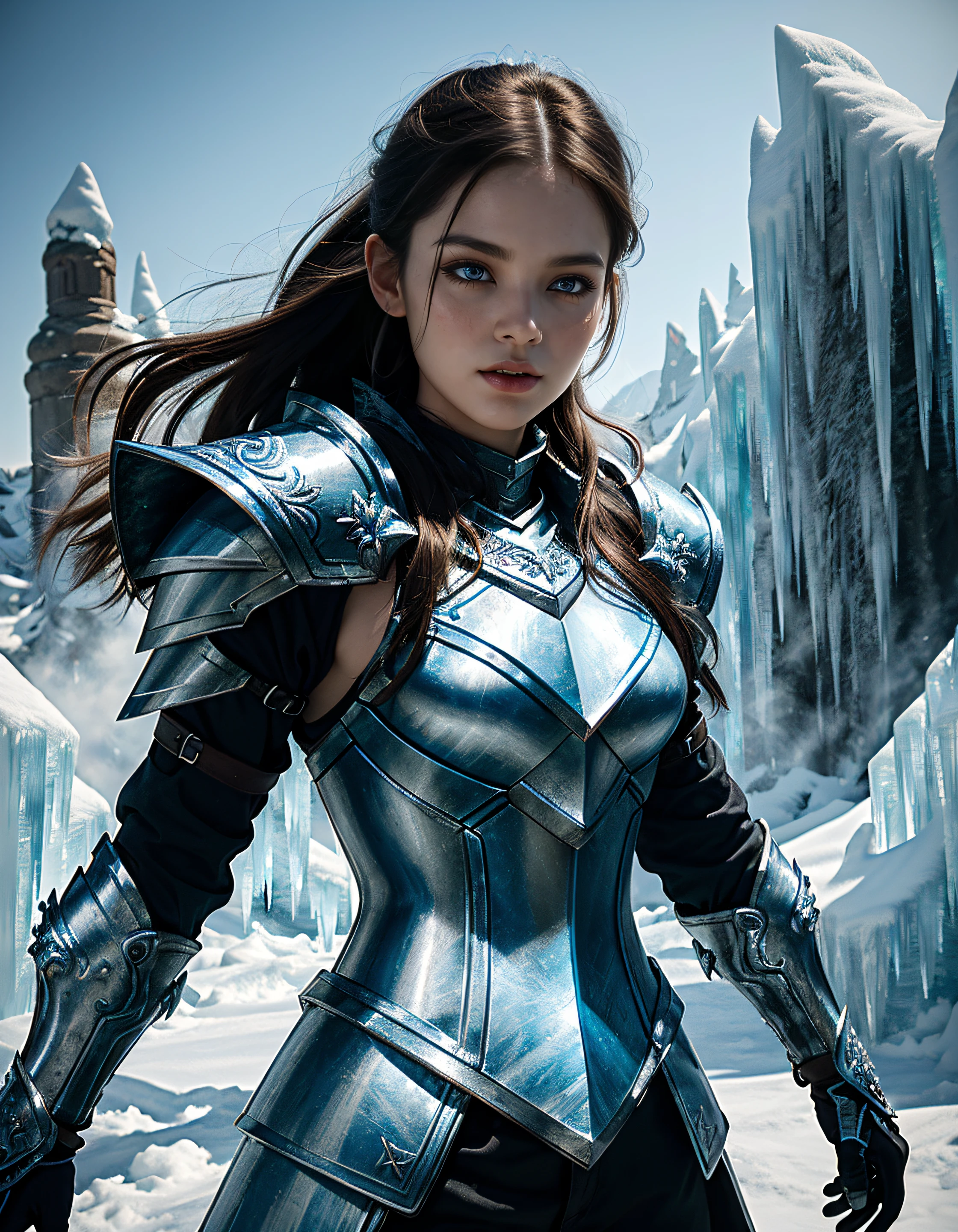 (Masterpiece:1.3), hight resolution, Best Quality, (Extremely detailed, Illuminate the area in the background, HD, 8K, extremly intricate:1.3), (Cowboy shot), painting, 1 girl, Ice Dragon, with white long hair, blue eyes, (((ice, are formed on the body, Armor Formation:1.2))),(Ice Armor:1.5),ice, (Ice Sword:1.2),GlowingRunes_Blue, Runes on the stomach (Ice dragon in the background), (HDR, hyper-detailing:1.2).