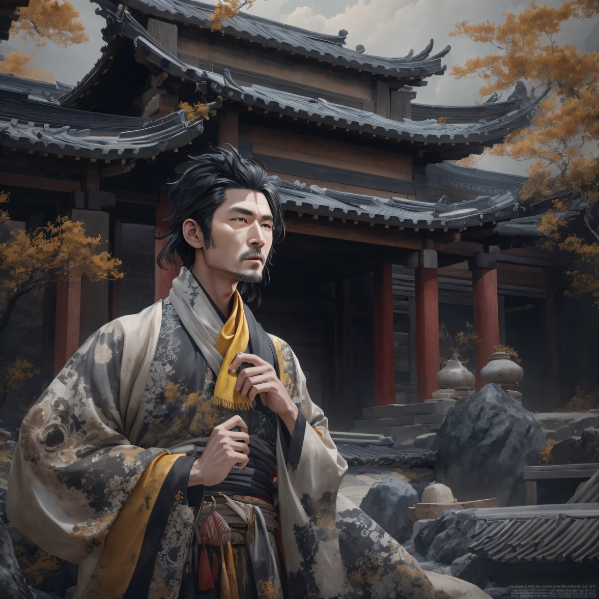 Side 32K，exteriors，Roof，People are small（tmasterpiece，k hd，hyper HD，32K）Long flowing glossy black hair，Tang dynasty complex，zydink， a color，mid afternoon（canyons）， （Linen batik scarf）， Combat posture， looking at the ground， Linen bandana， Chinese python pattern long-sleeved garment， Morning（Abstract gouache splash：1.2）， Dark clouds lightning background，sprinkling（realisticlying：1.4），Black color hair，The dust is blowing，Background fog， A high resolution， the detail， RAW photogr， Sharp Re， Nikon D850 Film Stock Photo by Jefferies Lee 4 Kodak Portra 400 Camera F1.6 shots, Rich colors, ultra-realistic vivid textures, Dramatic lighting, Unreal Engine Art Station Trend, cinestir 800，Flowing and shiny black hair,（（（National style building）））Full-body side