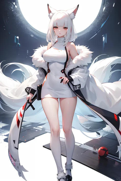 solo, white hair, blunt bangs, fox ears, bare shoulders, white sweater, full body, turetle neck, fur jacket, standing, mature female, large breast, white background, nine tails,