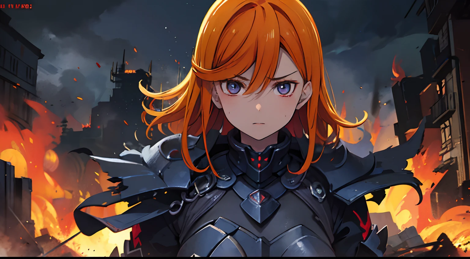 (best quality,4k:1.37),evil anime girls in Battlefield,anime style,demonic,glowing eyes,battle armor,sinister expressions,fire and smoke effects,bloodlust,ominous atmosphere,massive explosions, weapons,hellish landscape,dark clouds and lightning,ruined buildings,horror movie vibe,contrasting colors,ominous lighting,death and destruction,chaotic battle scenes,intense action,mysterious aura,sharp details,highly detailed facial features,dramatic shadows,heroic poses,mysterious masks,fiery hair,twisted beauty,warrior princesses,Magical abilities,electric blue,violent conflict,otherworldly creatures,tension and suspense,emotional depth,spectacular visual effects,brooding and intense characters,epic battles,overwhelming power,apocalyptic setting,Orange hair, purple eyes,(detail eyes:1.5)