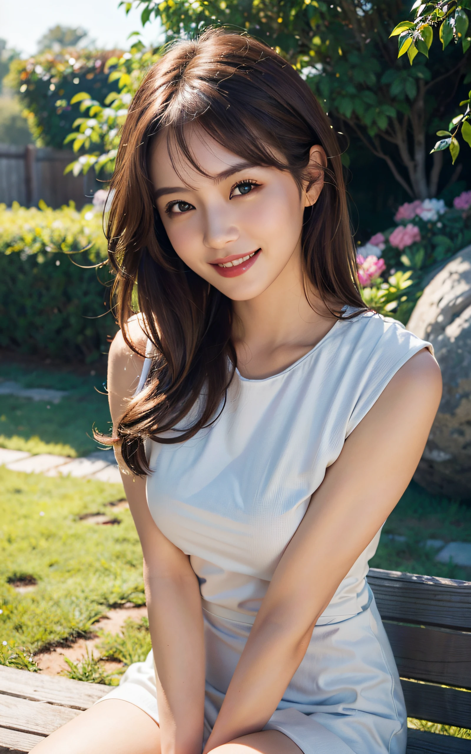 (medium:1.3),(8k,photorealistic,best quality:1.4),(soft lighting, professional lighting),(1 girl, beautiful and graceful, shy, coy smile, medium brown hair, outdoor setting)