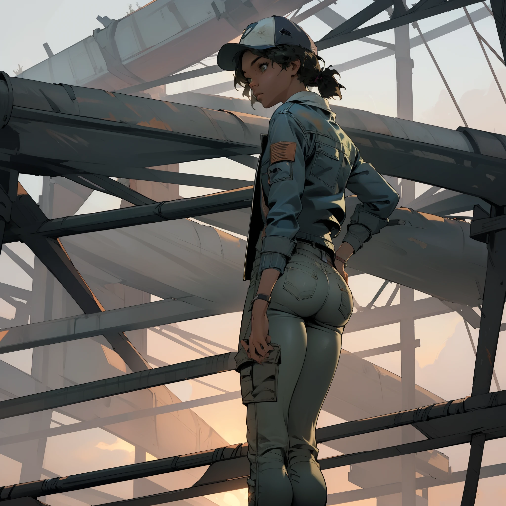 ((masterpiece, best quality)),(complex lighting) , solo,1girl,clementine,  light skin,light-skinned female,  baseball cap, green cargo pants, tight pants, shirt, short hair, short twintails,open denim jacket, huge butt, thicc butt, bent over