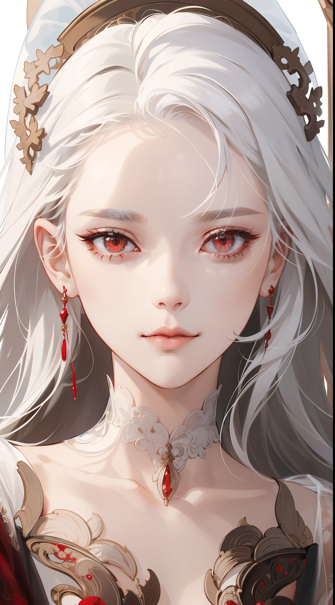 (extremely delicate and beautiful:1.2), 8k,(masterpiece:1.0),(best_quality:1.0), 1girl, mature woman, luminous eyes, red eyes, close up, complex details, enlarged textures, complex details, finely detailed eyes and detailed face, intricate details, white hair, (closed mouth), perfect eyes, equal eyes, (goddess)