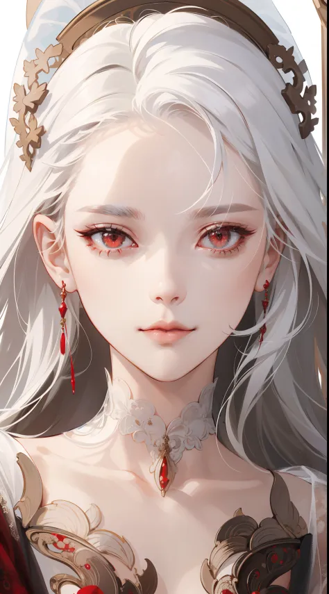 (extremely delicate and beautiful:1.2), 8k,(masterpiece:1.0),(best_quality:1.0), 1girl, mature woman, luminous eyes, red eyes, close up, complex details, enlarged textures, complex details, finely detailed eyes and detailed face, intricate details, white h...