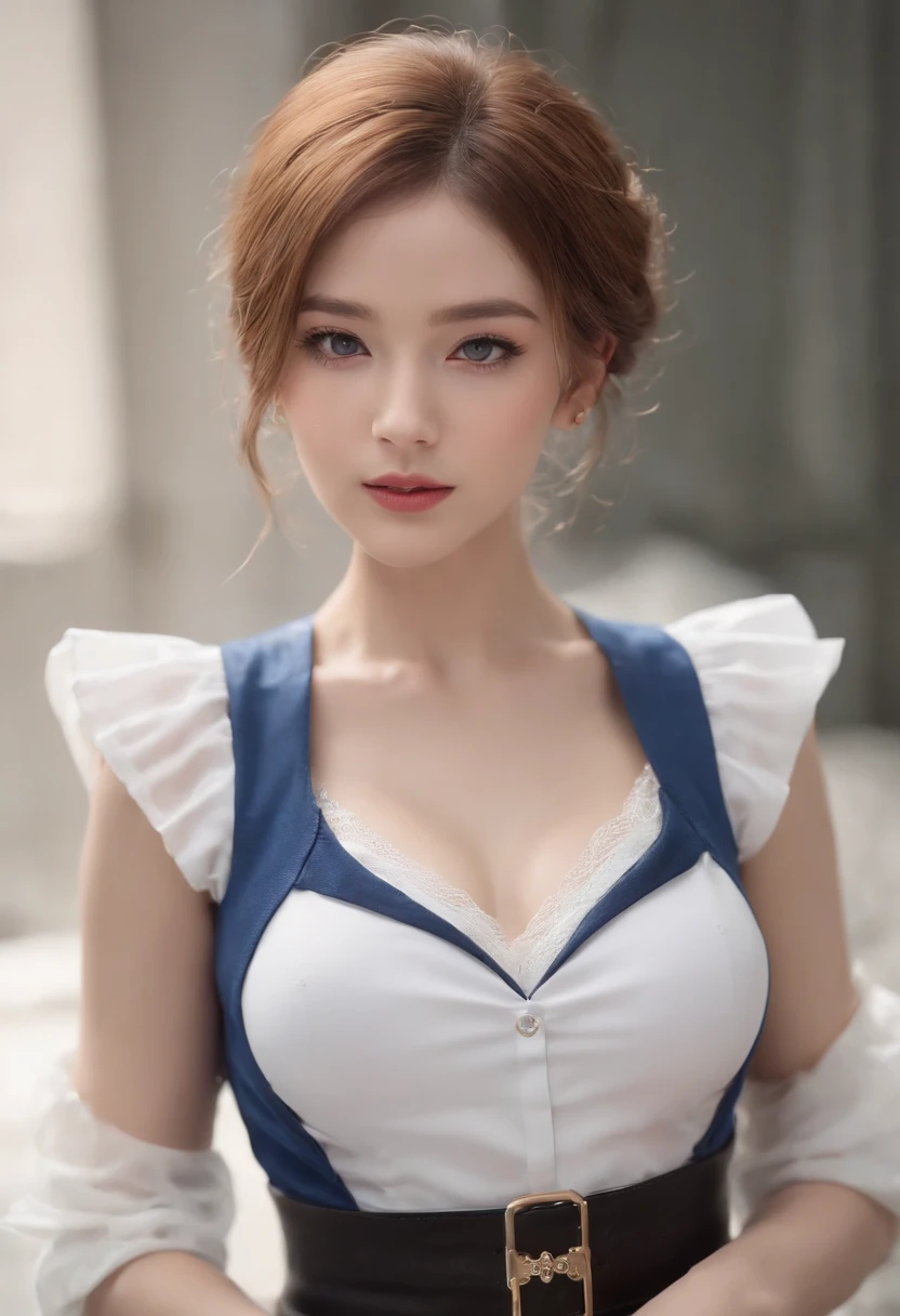 Best quality at best， A high resolution， Number 18， one-girl，Cyborg No. 18， 独奏， eBlue eyes， with short golden hair， thongs， Translucent skirt， pearls necklace， bangle， black glove， white  shirt， short detailed hair， short- sleeved， 耳Nipple Ring， blue skirts， Open the vest，Gilet blanc，Large breasts， Lie down， from back， hindquarters，(Masterpiece:1.2)