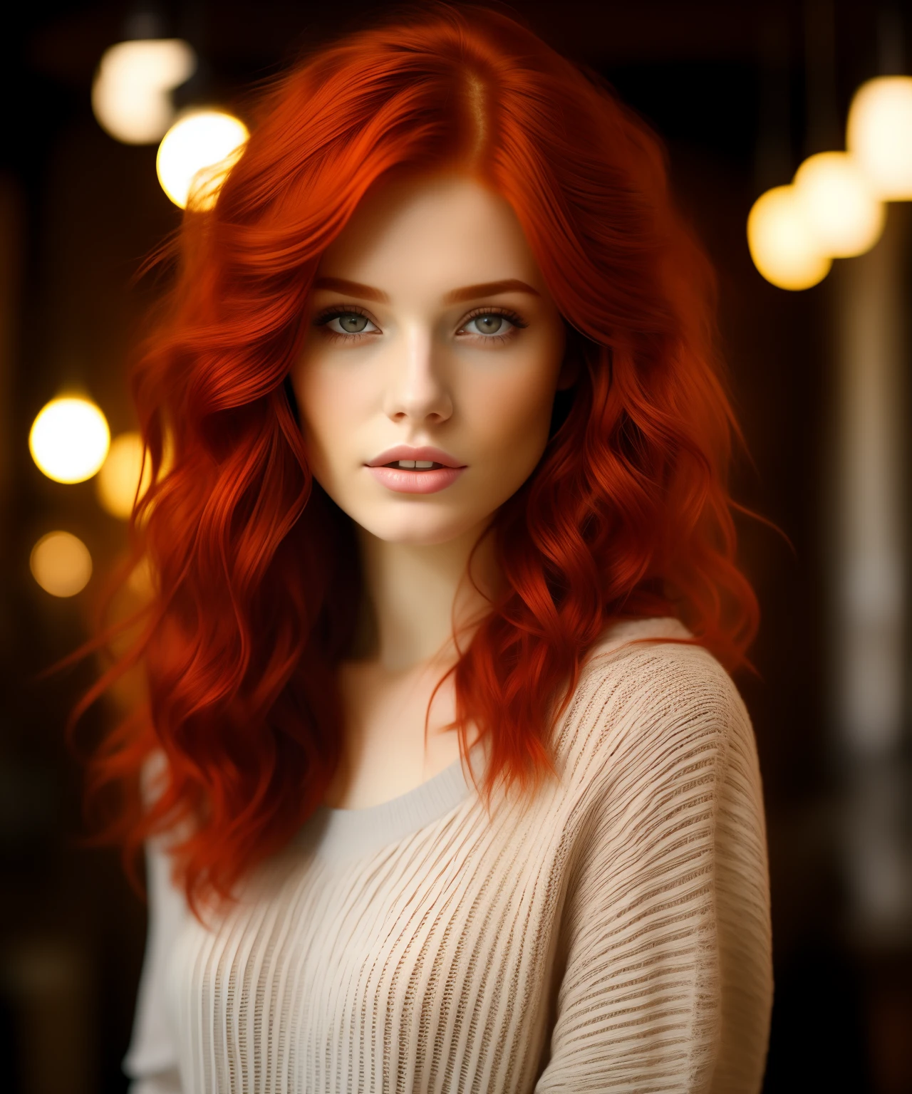 A close up of a woman with red hair and a sweater - SeaArt AI