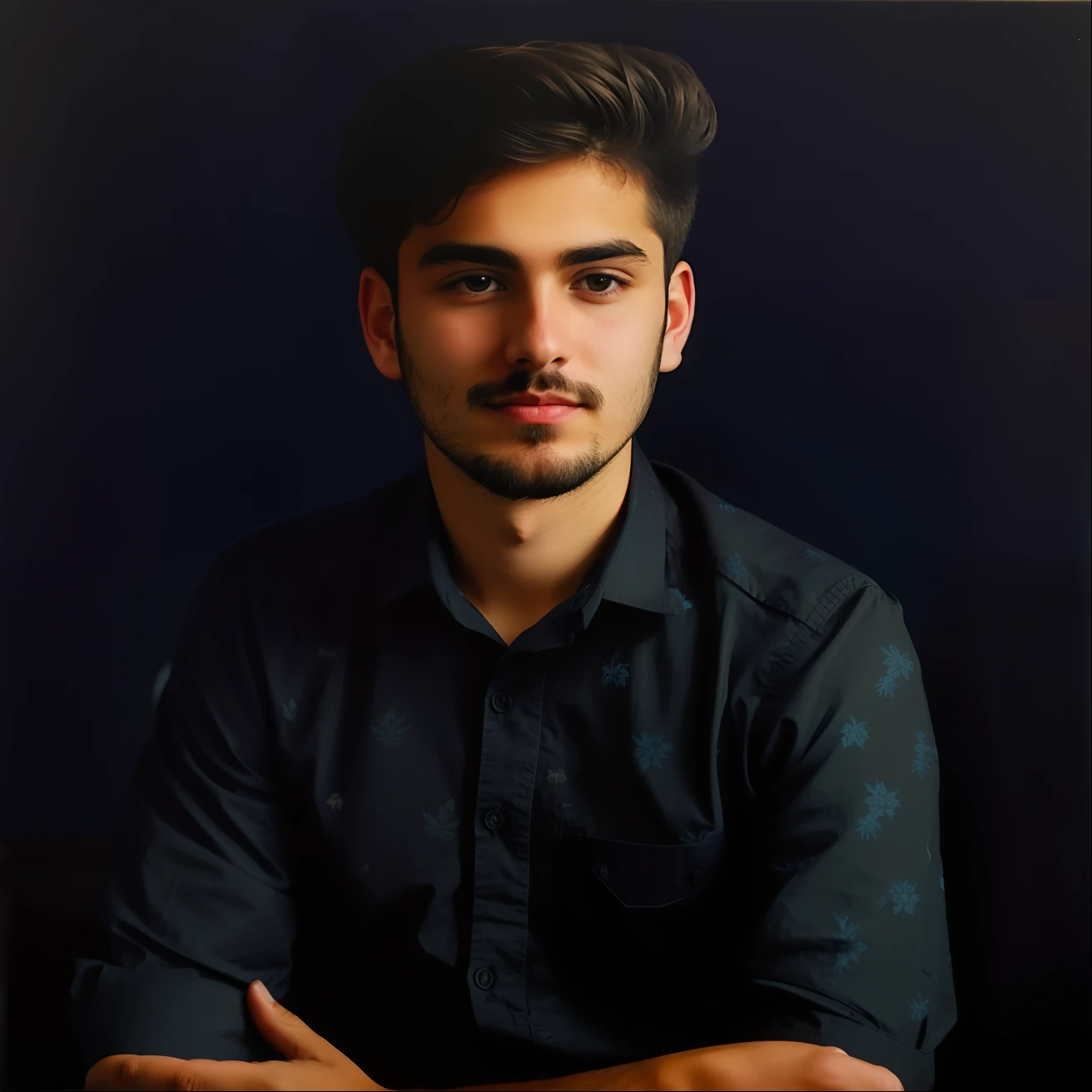 a boy with small beard hair sitting in dark realistic with dark blue shirt