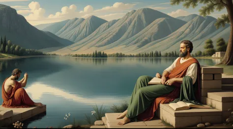 aristotle engrossed in thinking beside a serene lake in ancient greece. capture the essence of intellectual pursuit and contempl...