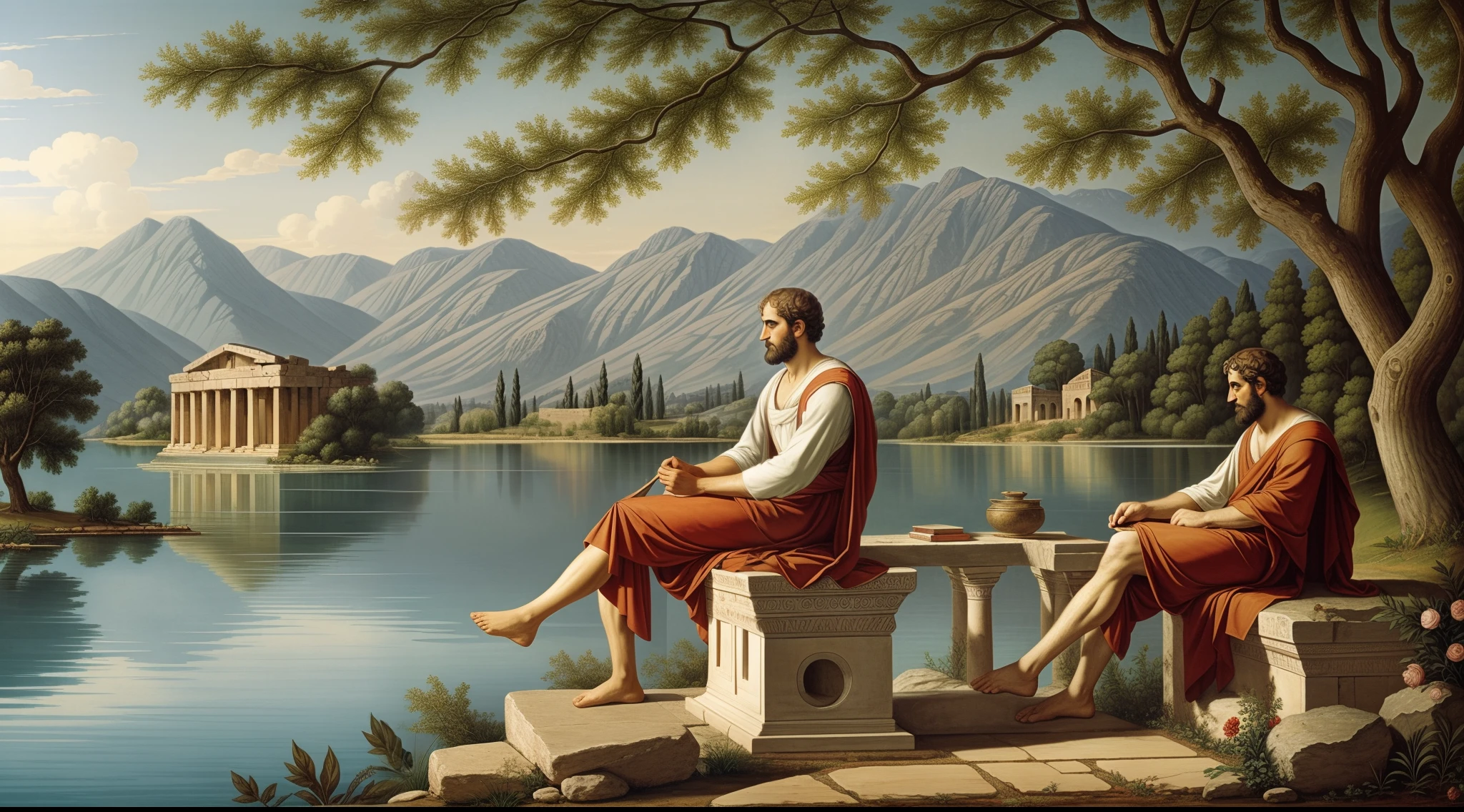 Aristotle engrossed in thinking beside a serene lake in ancient Greece. Capture the essence of intellectual pursuit and contemplation. Create an image that brings to life the tranquil setting of the ancient Greek landscape, with a focus on the profound thinking of Aristotle. Use rich details and vibrant colors to depict the idyllic scene, where wisdom meets nature. Let the viewer feel the intellectual curiosity and scholarly ambiance as Aristotle immerses himself in the world of knowledge by the lakeside in ancient Greece.