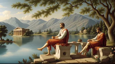 aristotle engrossed in thinking beside a serene lake in ancient greece. capture the essence of intellectual pursuit and contempl...