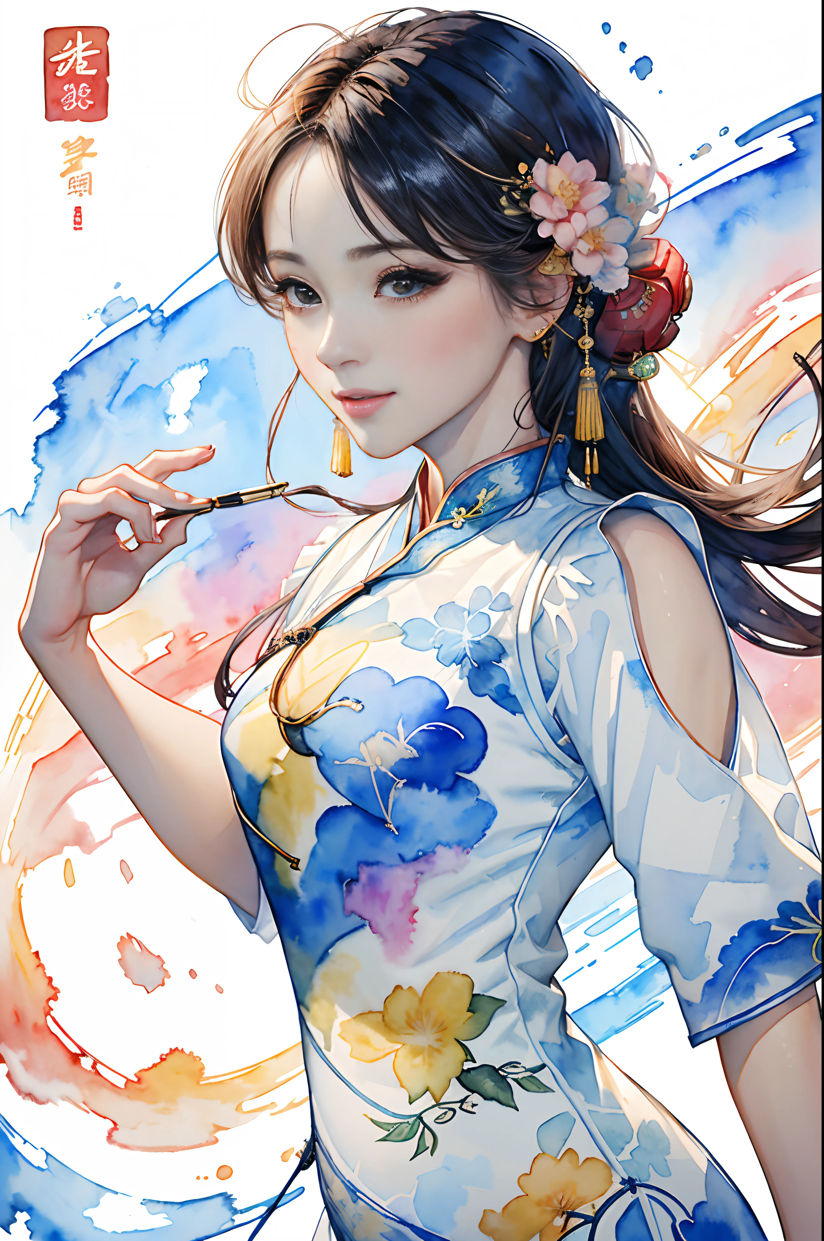 8K,​masterpiece,top-quality, (From the top:1.6) ,(close up:1.1),Dynamic Pose,30-year-old woman with,Portrait, light, Long hair, ssmile, watercolor paiting \(Medium\),watercolor paiting,(Cheongsam that adheres to the body:1.3)