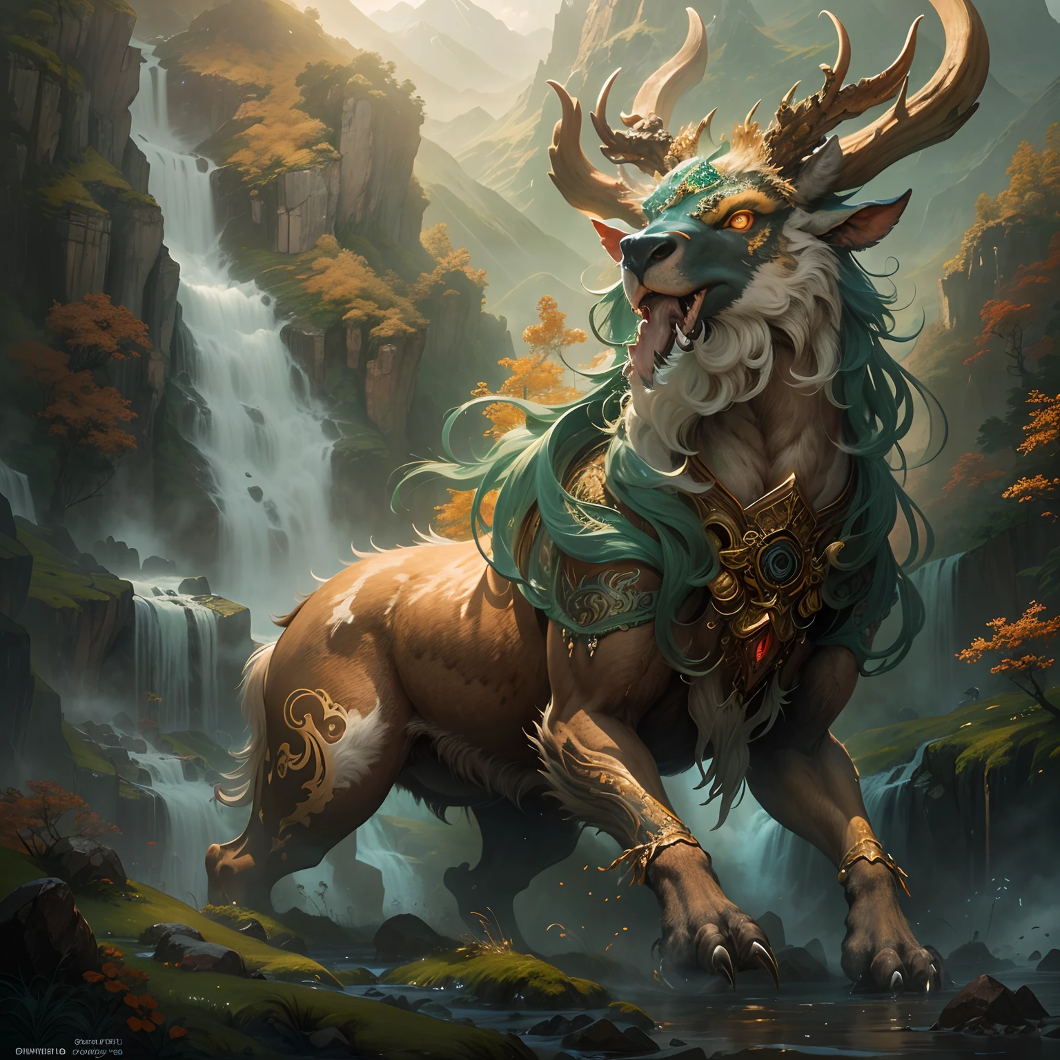 (Best quality,8K,A high resolution,Masterpiece:1.2),Ultra-detailed,(Realistic,Photorealistic,photo-realistic:1.37),Ancient beasts from hell，Chinese mythology，Mountain and Sea Sutra，the mountains and the sea,Ancient legends,mythological creatures,Sparkling golden scales,deer antlers,mane hair,quadrupedal，Sharp claws,beast of prey，buck teeth，sparkling big eyes，golden rays of sunlight, Misty clouds,Flowing waterfalls, Towering mountains, Un bosque tranquilo, Intricate fantasy ink painting, Detailed fantasy ink illustration, fantasy highly detailed, beautiful detailed fantasy, magic fantasy highly detailed, highly detailed fantasy art, epic rivendell fantasy, japanese fantasy, detailed fantasy digital art, Chinese fantasy, detailed fantasy art,