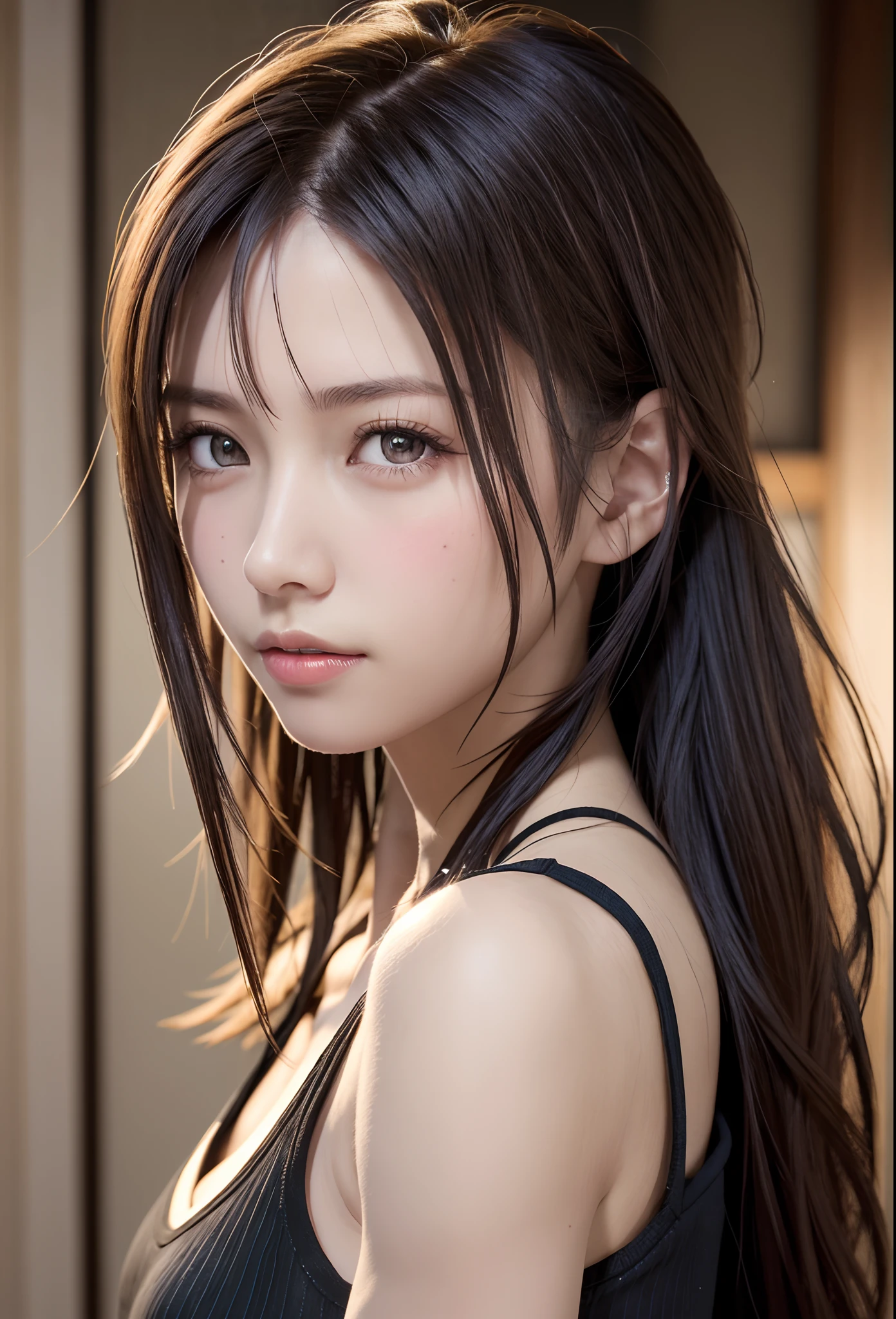 high quality picture, masutepiece, detailed hair texture, Detailed skin texture, Detailed Cloth Texture, 8K, Add fabric details, ultra detailed skin texture, ultra detailed photographic, Skin pores, Portrait of a girl, wearing tank top,