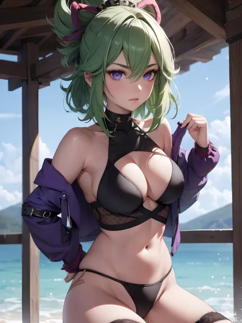 ((top quality, 8k, masterpiece: 1.3, ultra hd, high quality, best quality, high definition, realism)), sharp focus: 1.5, Beautiful woman with Slim body, Green haid, Beautiful purple eyes, small breasts, Abs, Tight black bikini, Seductive pose, Armpit, Both...