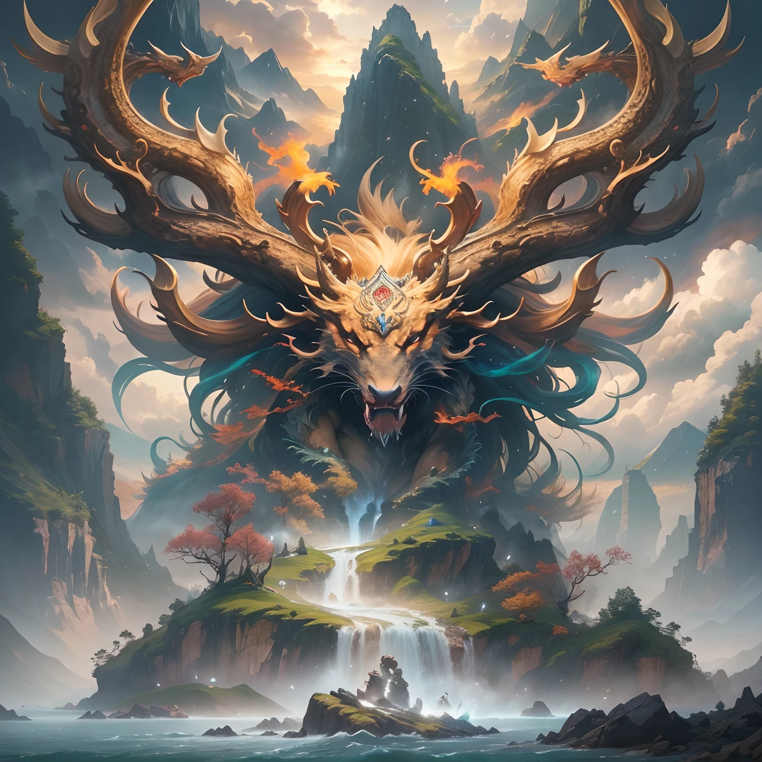 (Best quality,4K,8K,A high resolution,Masterpiece:1.2),Ultra-detailed,Realistic,Landscapes, Mountains, rivers, ancient atmosphere, mythological creatures, Mysterious cave, divine being, A peaceful sea scene, Colorful sky, Majestic island, Ancient Chinese mythology, Legendary monsters, Flowing waterfalls,Ferocious scaly monster，Hell Demon，Golden scales，deer antlerane hair，Claws，红眼闪✨发光,beast of prey，buck teeth, golden rays of sunlight, Misty clouds, Ethereal beauty, Hidden treasure, Magical power, Ancient legends, Traditional Chinese art style, Vibrant colors, Breathtaking landscapes