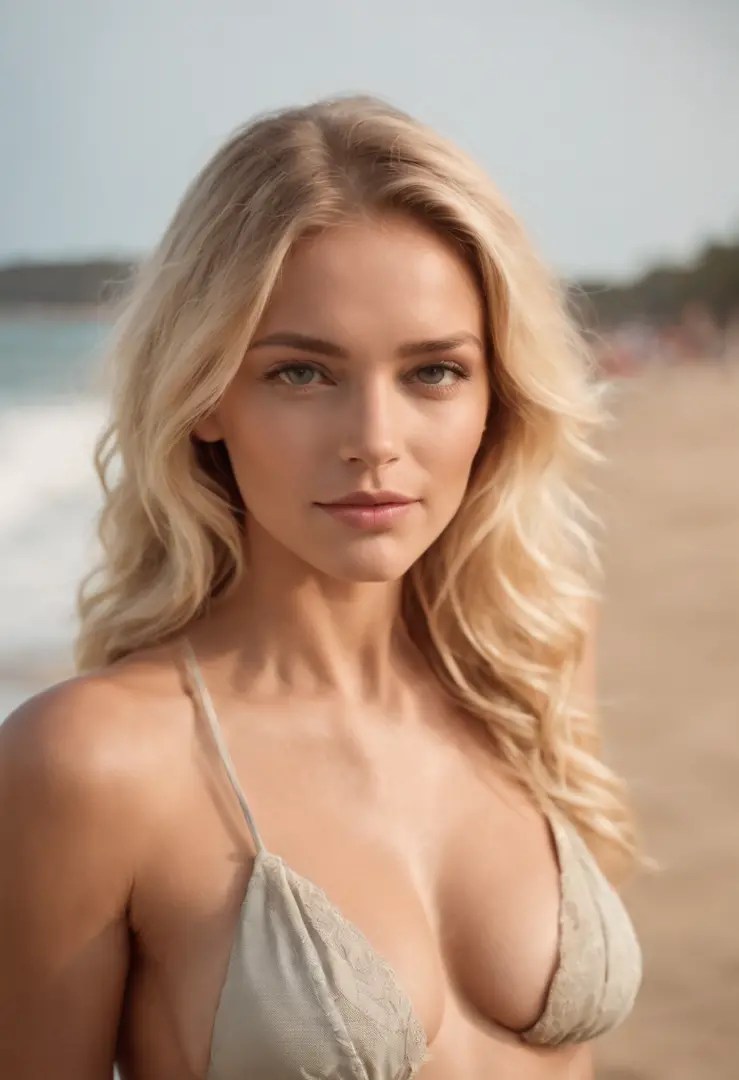 Blonde woman in bikini with wavy hair, tanned by the beach big bust